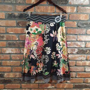 Desigual Embroidered Floral A-line Midi Skirt Artsy Bohemian Feminine Women's L